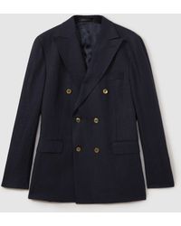 Oscar Jacobson - Navy Linen Double Breasted Blazer - Lyst