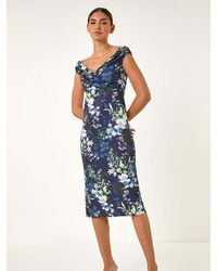 Roman - Floral Print Bardot Stretch Midi Dress - Lyst