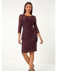 Roman - Sequin Lace Overlay Ruched Dress - Lyst