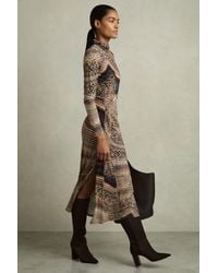 Reiss - Naomi - Brown Snake-print Draped Midi Dress, S (us 4-6) - Lyst