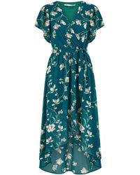 Yumi' - Floral Wrap Midi Dress With Frill Hem - Lyst