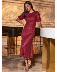 Sosandar - Sequin Fit And Flare Puff Sleeve Midi Dress - Lyst