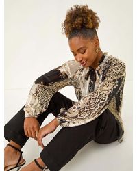Roman - Animal Print Tie Neck Pleated Blouse - Lyst