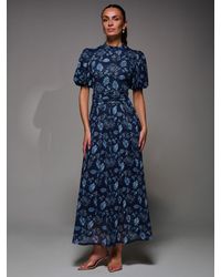 Jolie Moi - Puffy Sleeve Printed Mesh Maxi Dress - Lyst