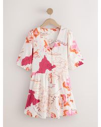 Next - Short Sleeve Button Through Tiered Mini Dress With Linen - Lyst