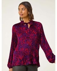 Roman - Animal Print Tie Neck Pleated Blouse - Lyst