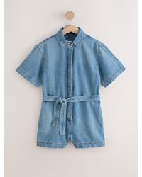 Next - Short Sleeve Belted Denim Playsuit - Lyst