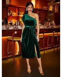 Yumi' - Velvet Frill One Shoulder Midi Dress With Split Hem - Lyst