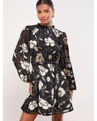 Lipsy - Petite Print Lace Insert And Studs Long Sleeve High Neck Waisted Mini Dress - Lyst