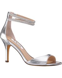 Nina - Viktora-silver Metallic Foil W/rhinestsone Embellishment Mid Heel Ankle Strap Sandal - Lyst