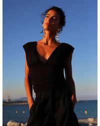 NINETY PERCENT - Orla Low V Neck Rouch Side Top In Black - Lyst