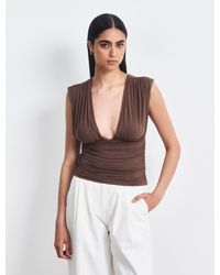 NINETY PERCENT - Orla Low V Neck Rouch Side Top In Mocha - Lyst