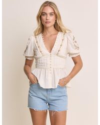 Nobody's Child - Embroidered Puff Sleeve Peplum Top - Lyst