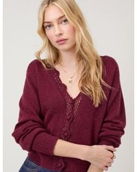 Nobody's Child - Burgundy Crochet Trim V-Neck Cardigan - Lyst