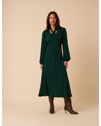 Nobody's Child - Forest Satin Balloon Sleeve Tie Neck Sadie Midi Dress - Lyst