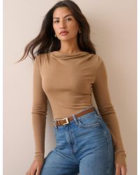 Nobody's Child - Camel Merino Wool Draped Boat Neck Long Sleeve Top - Lyst
