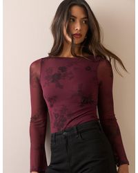Nobody's Child - Burgundy Floral Jersey Mesh Long Sleeve Top - Lyst