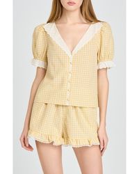 Wayf - Emma Eyelet Trim Plaid Button-Up Top - Lyst