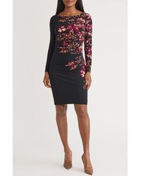 Kasper - Floral Long Sleeve Side Ruched Jersey Dress - Lyst