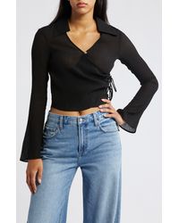 TOPSHOP - Wrap Front Long Sleeve Woven Top - Lyst