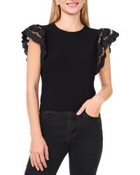 Cece - Embroidered Flutter Sleeve Mixed Media Top - Lyst