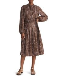 Lafayette 148 New York - Floral Print Pleated Long Sleeve Gemma Cloth Voile Midi Dress - Lyst