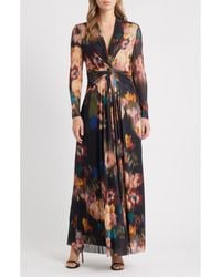 Anne Klein - Blurred Floral Twist Front Long Sleeve Mesh Maxi Dress - Lyst
