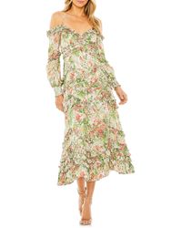 Mac Duggal - Floral Print Ruffle Cold Shoulder Long Sleeve Midi Dress - Lyst