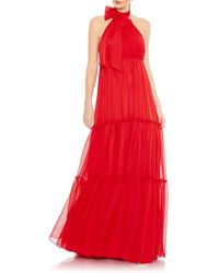 Mac Duggal - Ruched Tiered High Neck Bow A Line Gown - Lyst