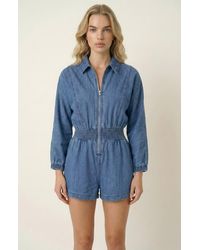 Modenaire - Zip Front Romper With Smocked Waist And 3/4 Sleeves - Lyst