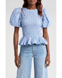 Damson Madder - Becca Stripe Cutout Smocked Organic Cotton Peplum Top - Lyst