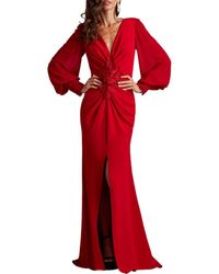 Tadashi Shoji - Floral Detail Long Sleeve Crepe Chiffon Gown - Lyst