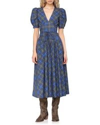 Avec Les Filles - Plaid Puff Sleeve Tie Belt Stretch Cotton Midi Dress - Lyst