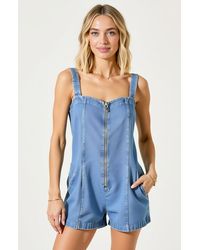 Modenaire - Denim Zip-Front Wide-Strap Side-Pocket Romper - Lyst