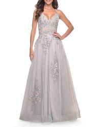 La Femme - A-Line Tulle Prom Dress With Scattered Lace Applique - Lyst