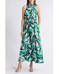 MELLODAY - Leaf Print Halter Satin Maxi Dress - Lyst