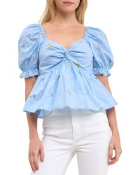 English Factory - Floral Embroidered Puff Sleeve Babydoll Top - Lyst