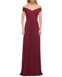 La Femme - Off The Shoulder Net Jersey Long Dress With Ruching - Lyst