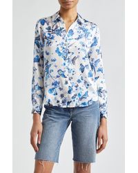 L'Agence - Tyler Floral Butterfly Print Silk Button-up Shirt - Lyst