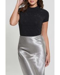 Guess - Rhinestone Pattern Mock Neck Organic Cotton Blend Top - Lyst