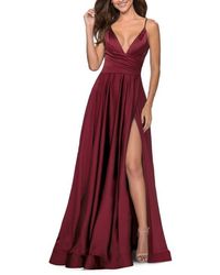 La Femme - Long Satin Dress With Side Slit And V Shaped Back - Lyst