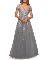 La Femme - Short Sleeve A-Line Gown With Beaded Lace Appliques - Lyst
