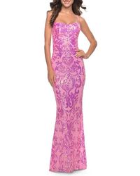 La Femme - Print Sequin Gown With Square Neckline - Lyst