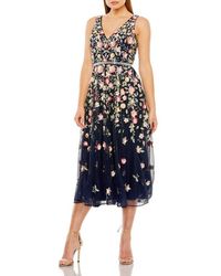 Mac Duggal - V-Neck Sleeveless Midi Floral Beaded A-Line Dress - Lyst