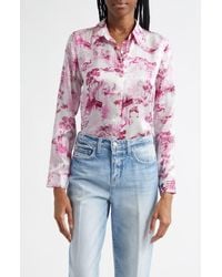 L'Agence - Tyler Peacock Print Silk Button-Up Shirt - Lyst