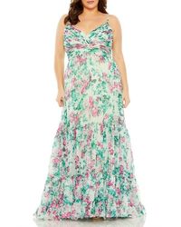 Mac Duggal - Floral Printed Tiered Gown With Ruched Detailing - Lyst