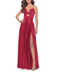 La Femme - Satin A-Line Gown With Cut Out And Twist Bodice - Lyst