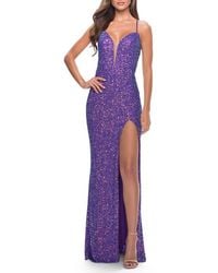 La Femme - Stretch Sequin Gown With Deep V Neck And Tie Back - Lyst
