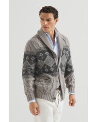 Brunello Cucinelli - Virgin Wool, Silk And Cashmere Chiné Cable Knit Cardigan With Intarsia - Lyst