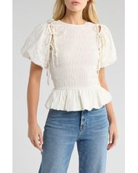 Damson Madder - Lillian Puff Sleeve Smocked Organic Cotton Peplum Top - Lyst
